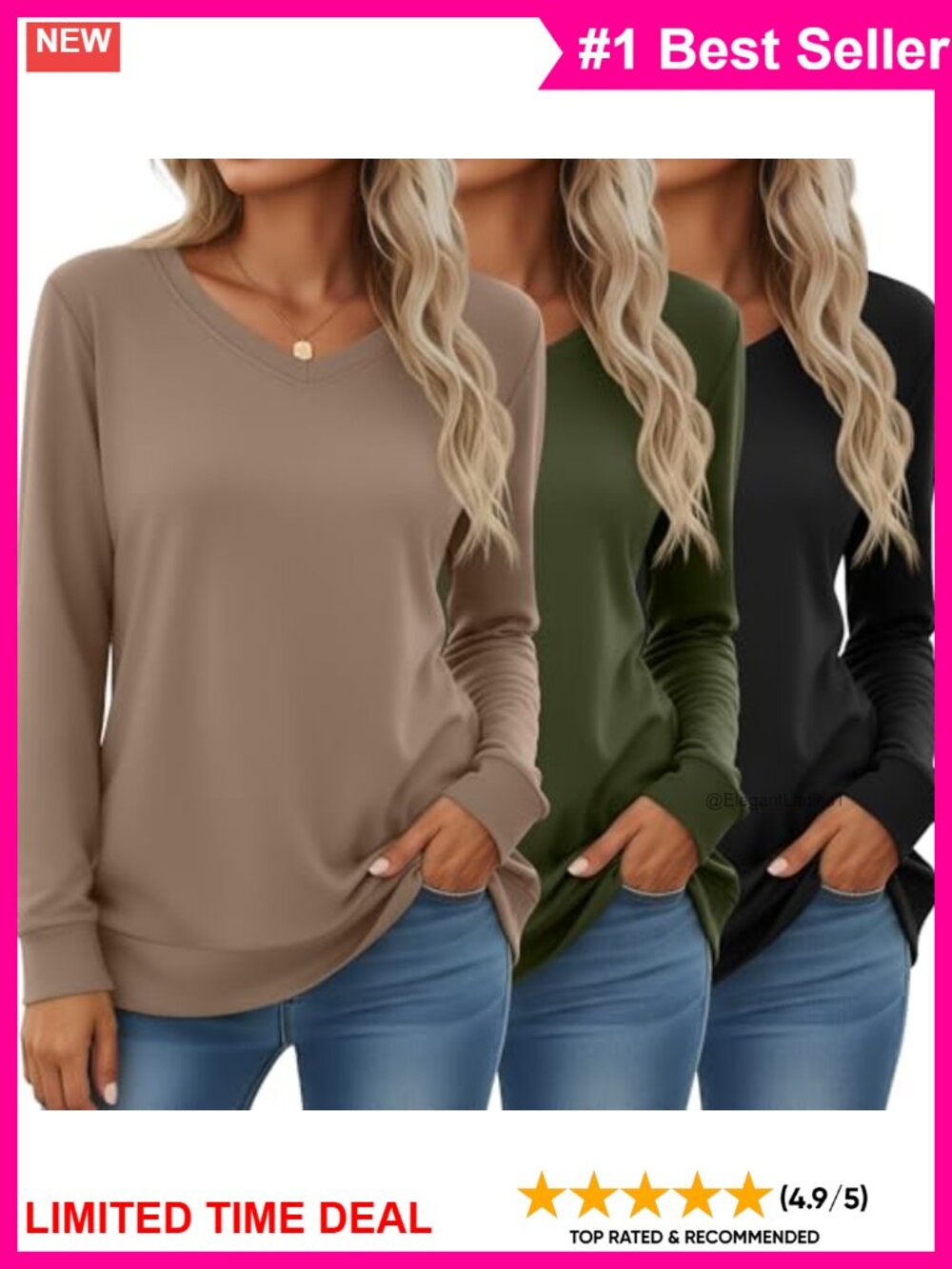 Women's 3 Pack V-Neck Long Sleeve Sweatshirts Cotton Spandex Loose Fit Pullover